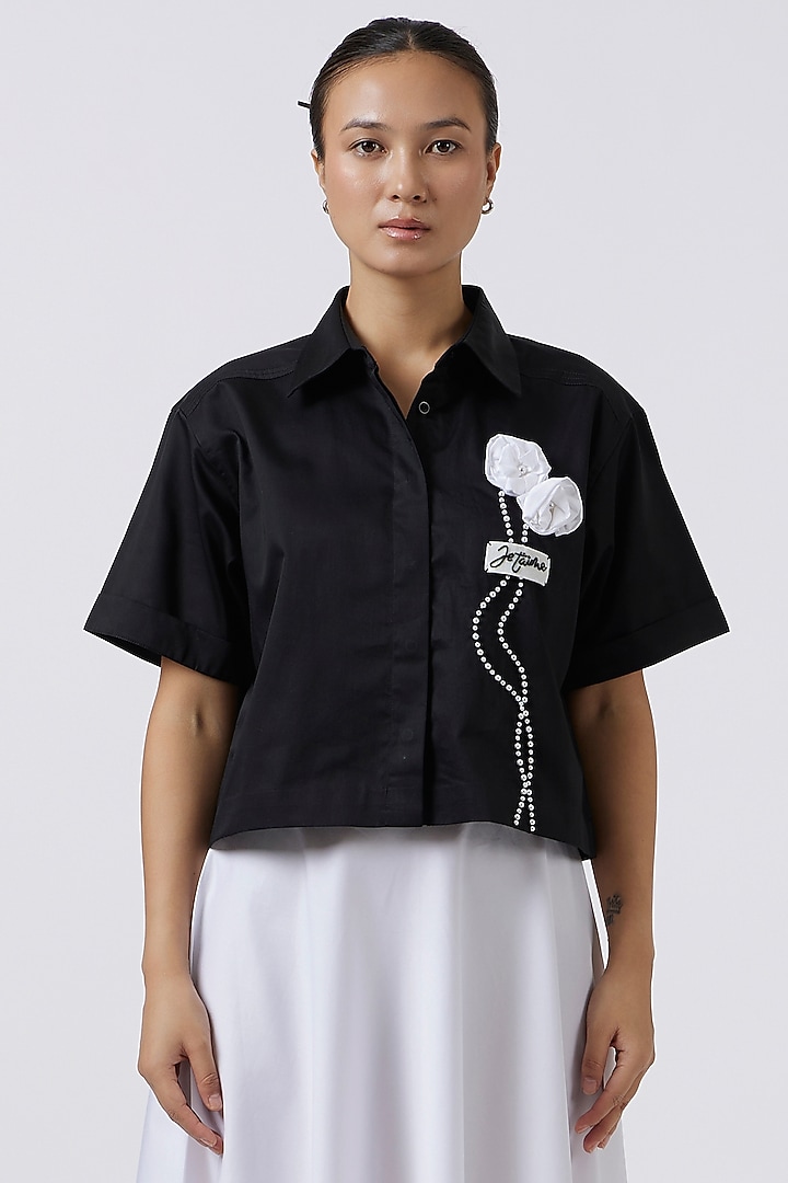 Black Pima Cotton Floral Embroidered Shirt by Pallavi Swadi at Pernia's Pop Up Shop