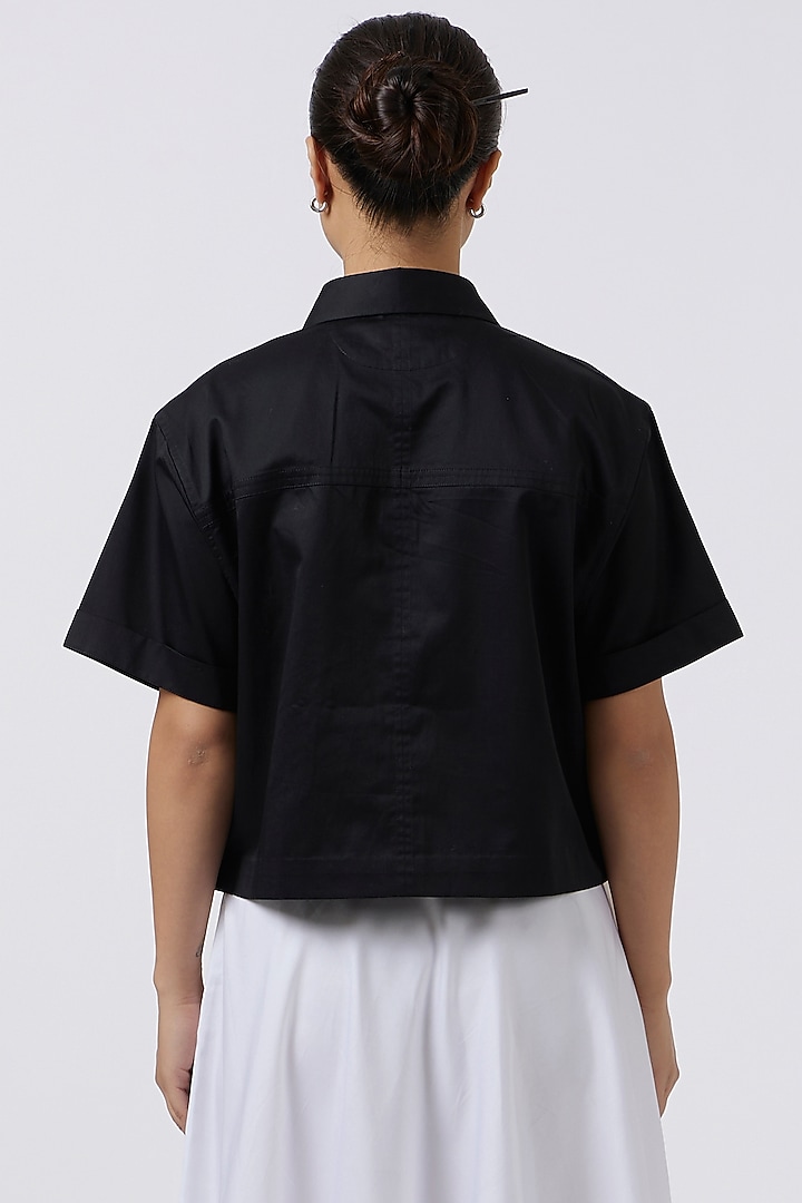 Black Pima Cotton Floral Embroidered Shirt by Pallavi Swadi at Pernia's Pop Up Shop