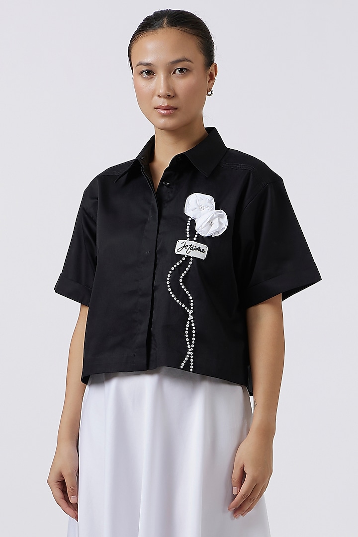 Black Pima Cotton Floral Embroidered Shirt by Pallavi Swadi at Pernia's Pop Up Shop