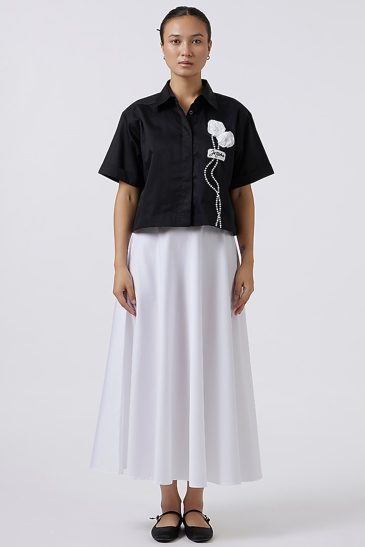 Black Pima Cotton Floral Embroidered Shirt by Pallavi Swadi at Pernia's Pop Up Shop