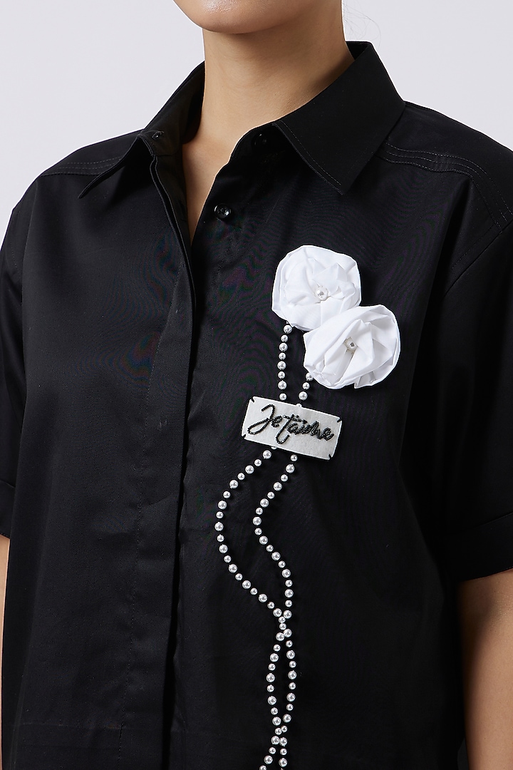 Black Pima Cotton Floral Embroidered Shirt by Pallavi Swadi at Pernia's Pop Up Shop