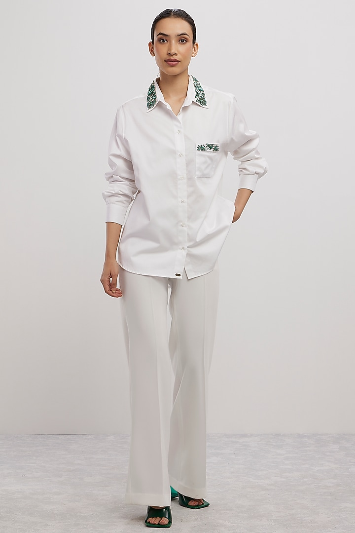 White Pima Cotton Crystal Stone Embroidered Shirt by Pallavi Swadi at Pernia's Pop Up Shop