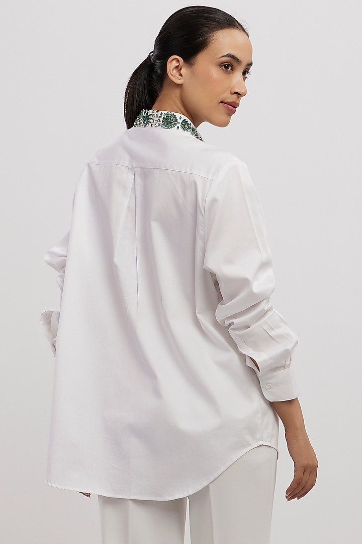 White Pima Cotton Crystal Stone Embroidered Shirt by Pallavi Swadi at Pernia's Pop Up Shop