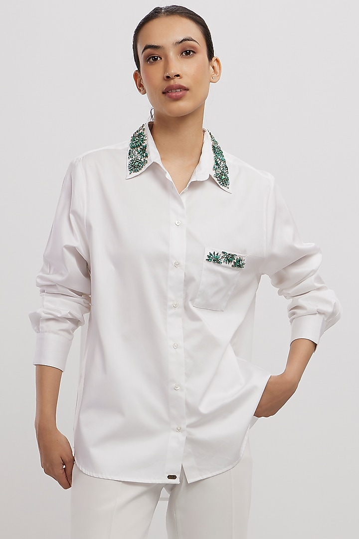 White Pima Cotton Crystal Stone Embroidered Shirt by Pallavi Swadi at Pernia's Pop Up Shop