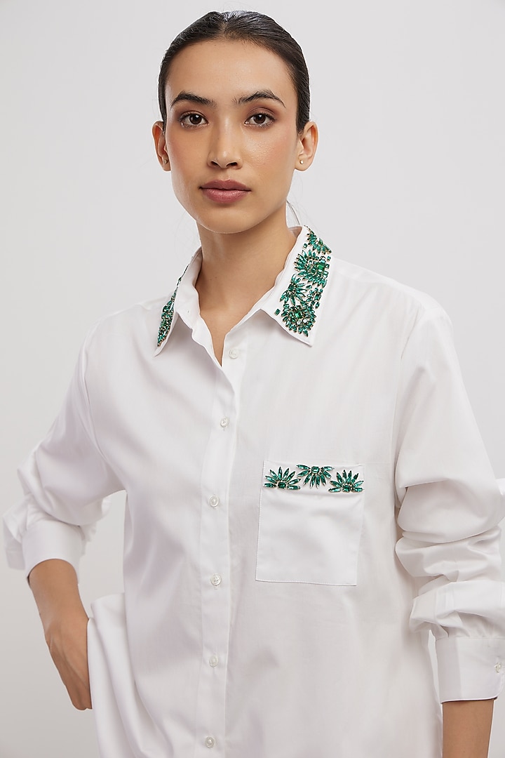 White Pima Cotton Crystal Stone Embroidered Shirt by Pallavi Swadi at Pernia's Pop Up Shop