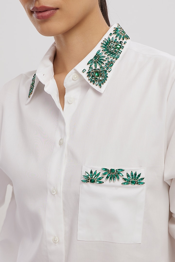 White Pima Cotton Crystal Stone Embroidered Shirt by Pallavi Swadi at Pernia's Pop Up Shop