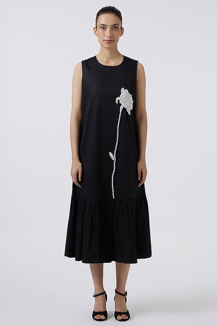 Black Pima Cotton Hand Embroidered Vacation Dress by Pallavi Swadi at Pernia's Pop Up Shop