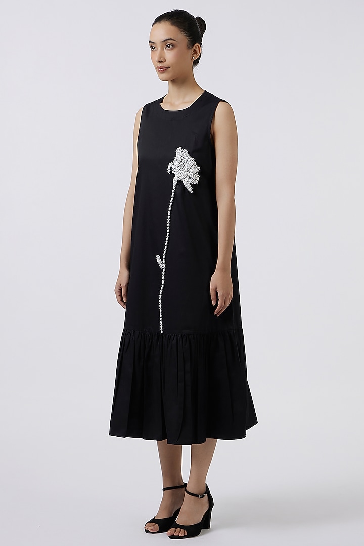 Black Pima Cotton Hand Embroidered Vacation Dress by Pallavi Swadi at Pernia's Pop Up Shop