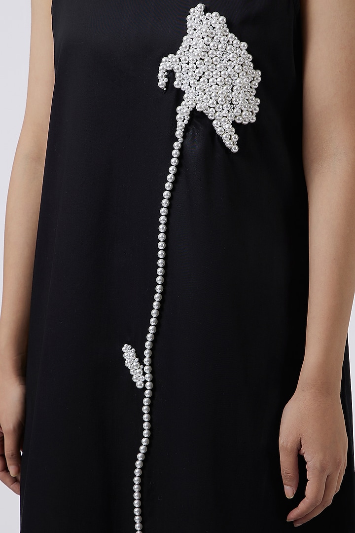 Black Pima Cotton Hand Embroidered Vacation Dress by Pallavi Swadi at Pernia's Pop Up Shop