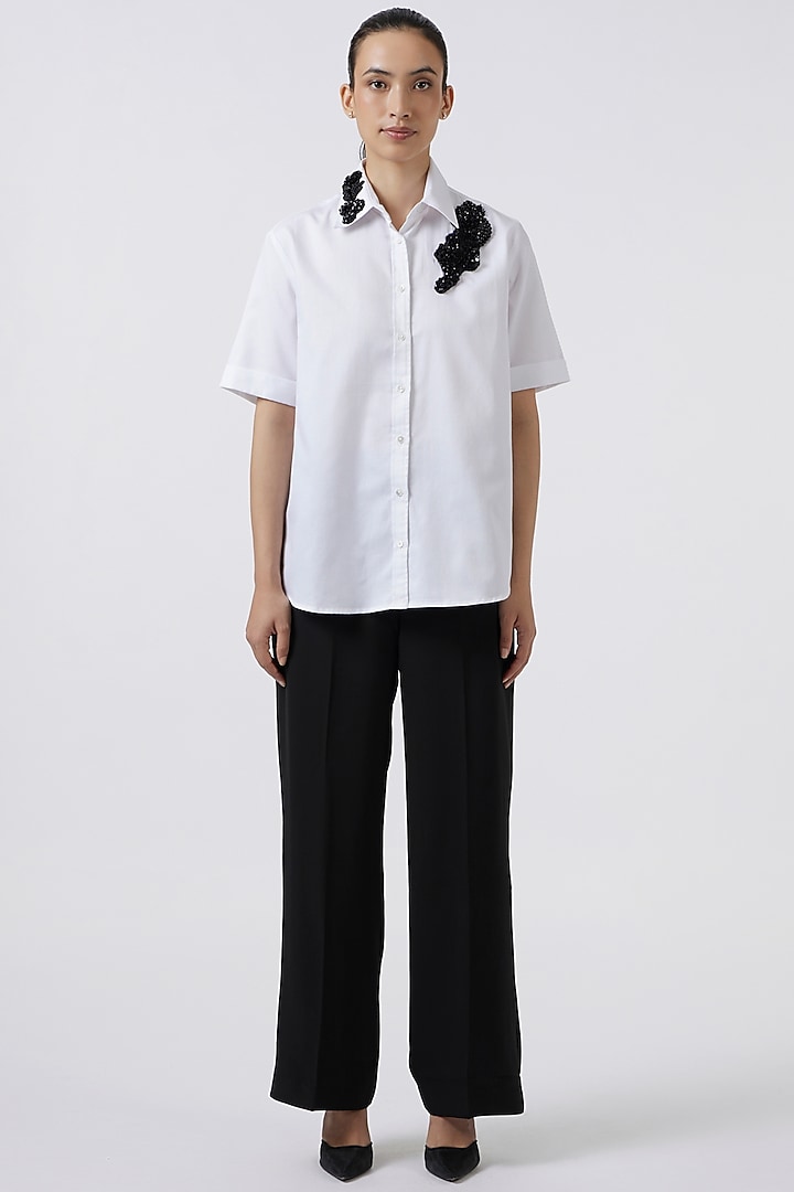 White Herringbone Cotton Hand Embroidered Shirt by Pallavi Swadi at Pernia's Pop Up Shop