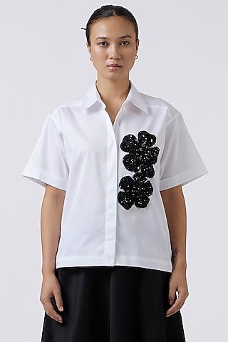 White Cotton Embroidered Shirt by Pallavi Swadi