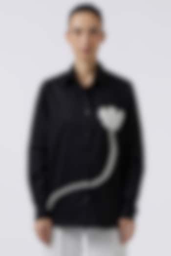 Black Cotton Pearl Embroidered Shirt by Pallavi Swadi at Pernia's Pop Up Shop