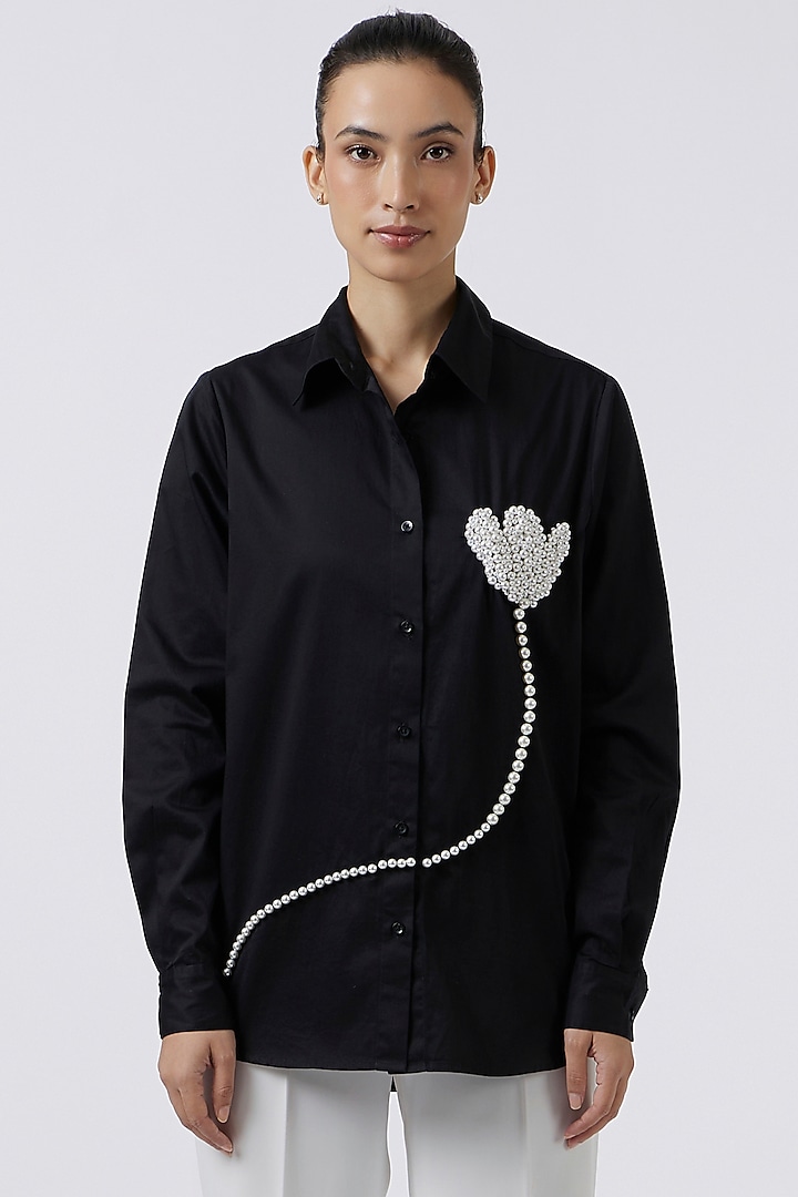Black Cotton Pearl Embroidered Shirt by Pallavi Swadi at Pernia's Pop Up Shop