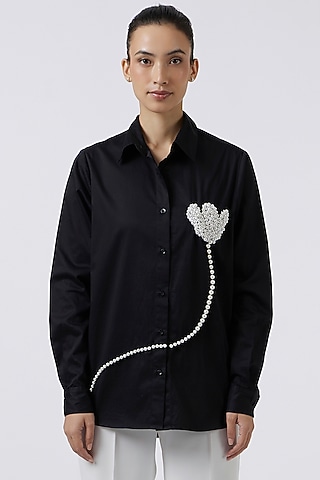 Black Cotton Pearl Embroidered Shirt by Pallavi Swadi
