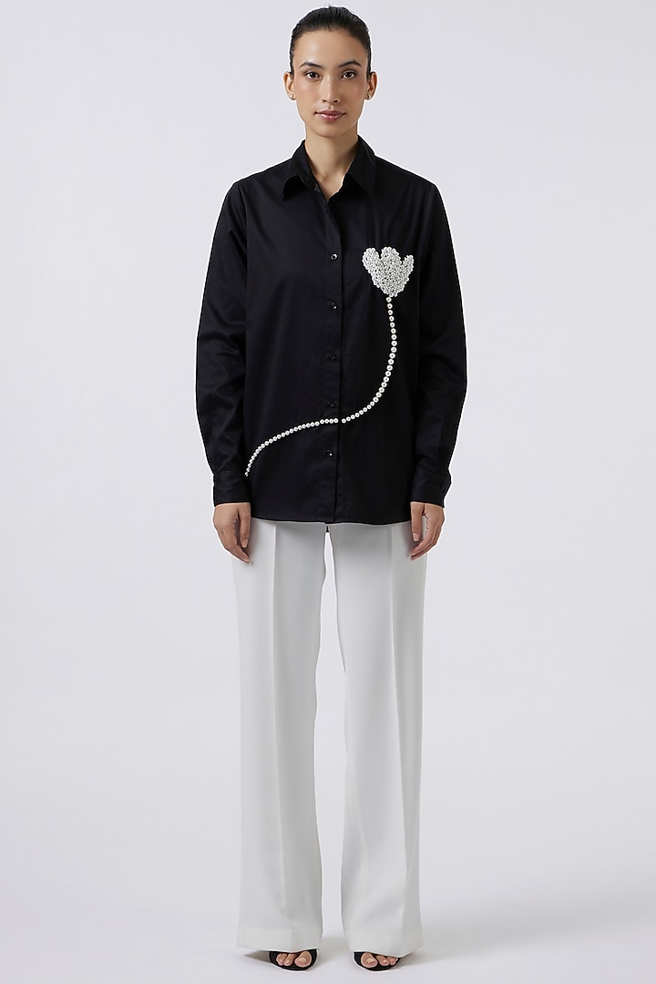 Black Cotton Pearl Embroidered Shirt by Pallavi Swadi at Pernia's Pop Up Shop