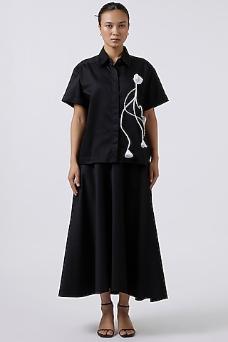 Black Cotton Pearl Embellished Shirt by Pallavi Swadi