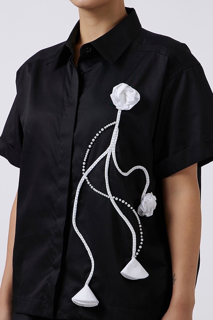 Black Cotton Pearl Embellished Shirt by Pallavi Swadi at Pernia's Pop Up Shop