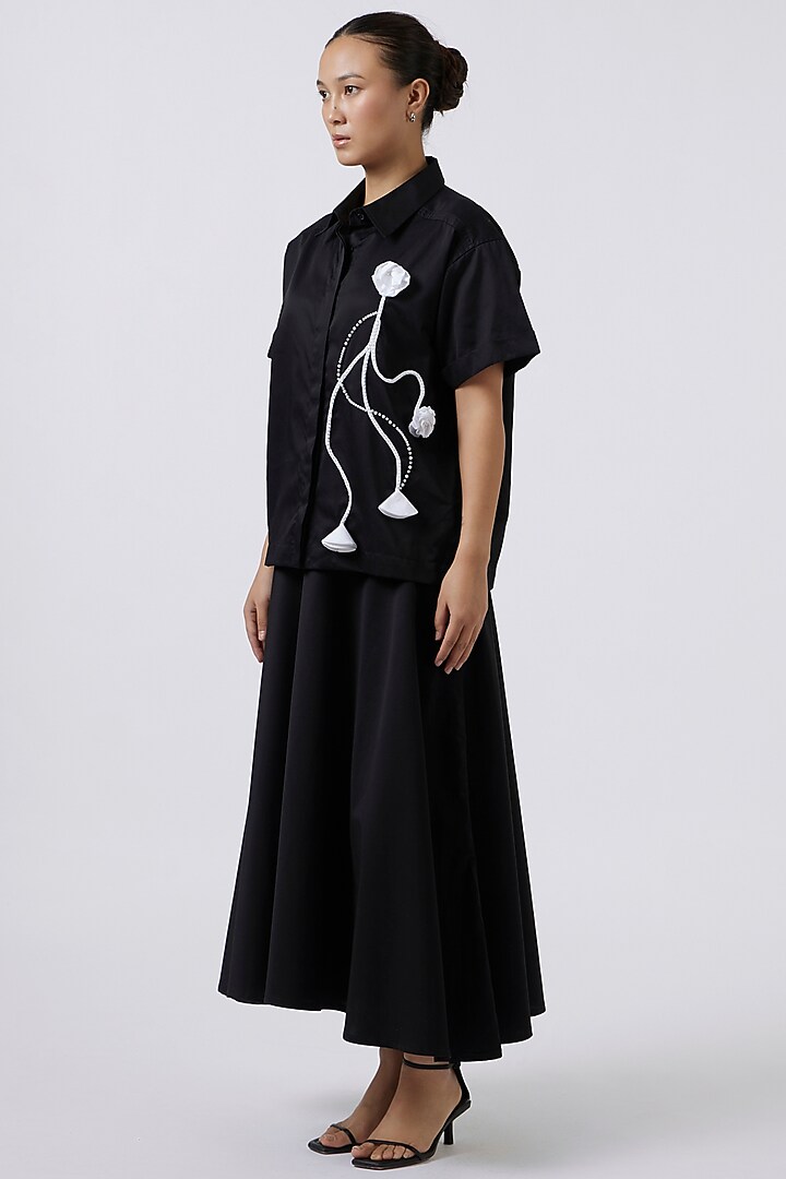 Black Cotton Pearl Embellished Shirt by Pallavi Swadi at Pernia's Pop Up Shop