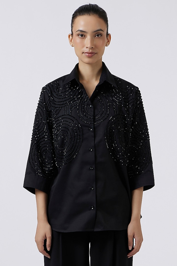 Black Cotton Embroidered Shirt by Pallavi Swadi at Pernia's Pop Up Shop