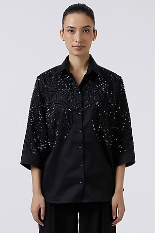 Black Cotton Embroidered Shirt by Pallavi Swadi