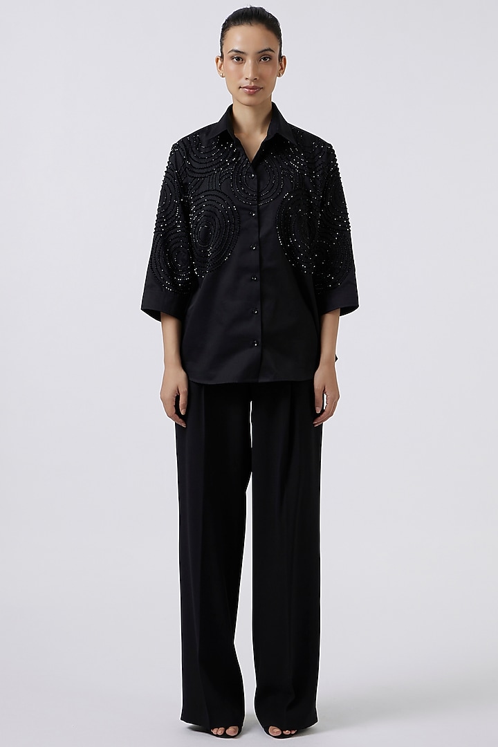 Black Cotton Embroidered Shirt by Pallavi Swadi at Pernia's Pop Up Shop