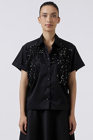 Black Cotton Hand Embroidered Shirt by Pallavi Swadi