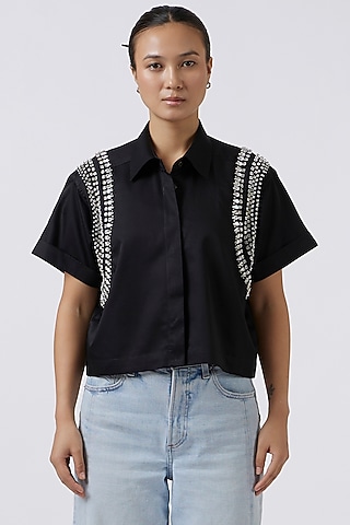 Black Cotton Embroidered Shirt by Pallavi Swadi