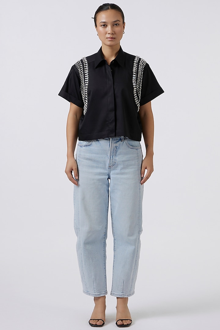 Black Cotton Embroidered Shirt by Pallavi Swadi at Pernia's Pop Up Shop