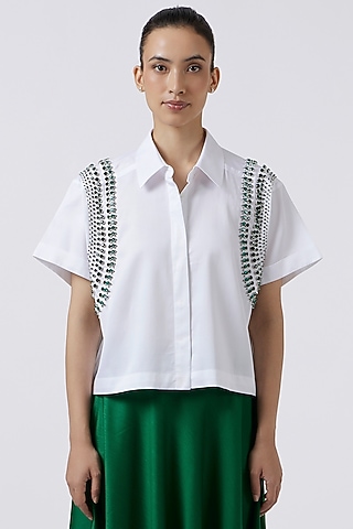 White Cotton Embroidered Shirt by Pallavi Swadi