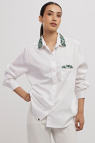 White Cotton Stone Embellished Shirt by Pallavi Swadi