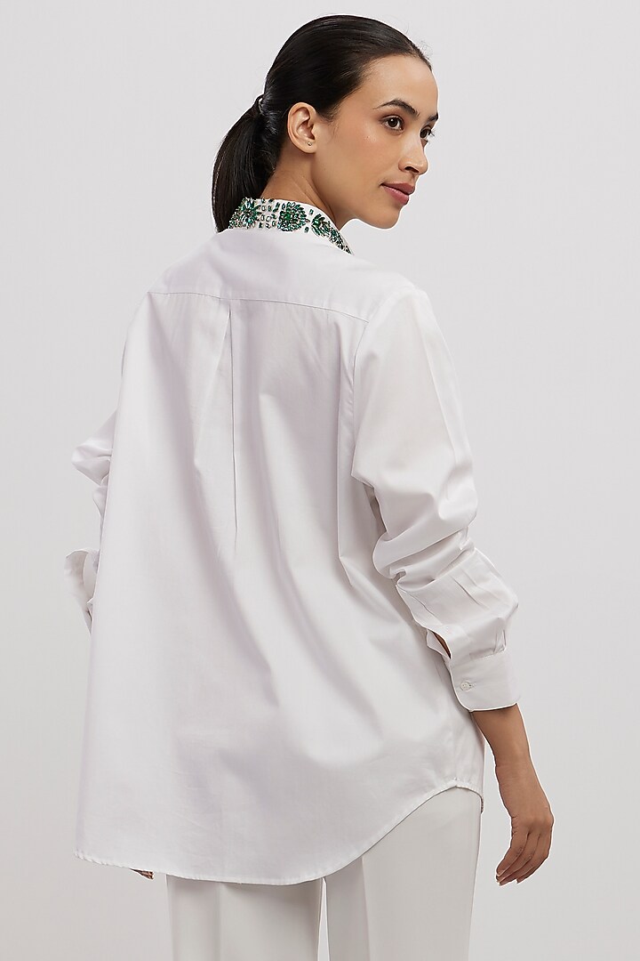 White Cotton Stone Embellished Shirt by Pallavi Swadi at Pernia's Pop Up Shop