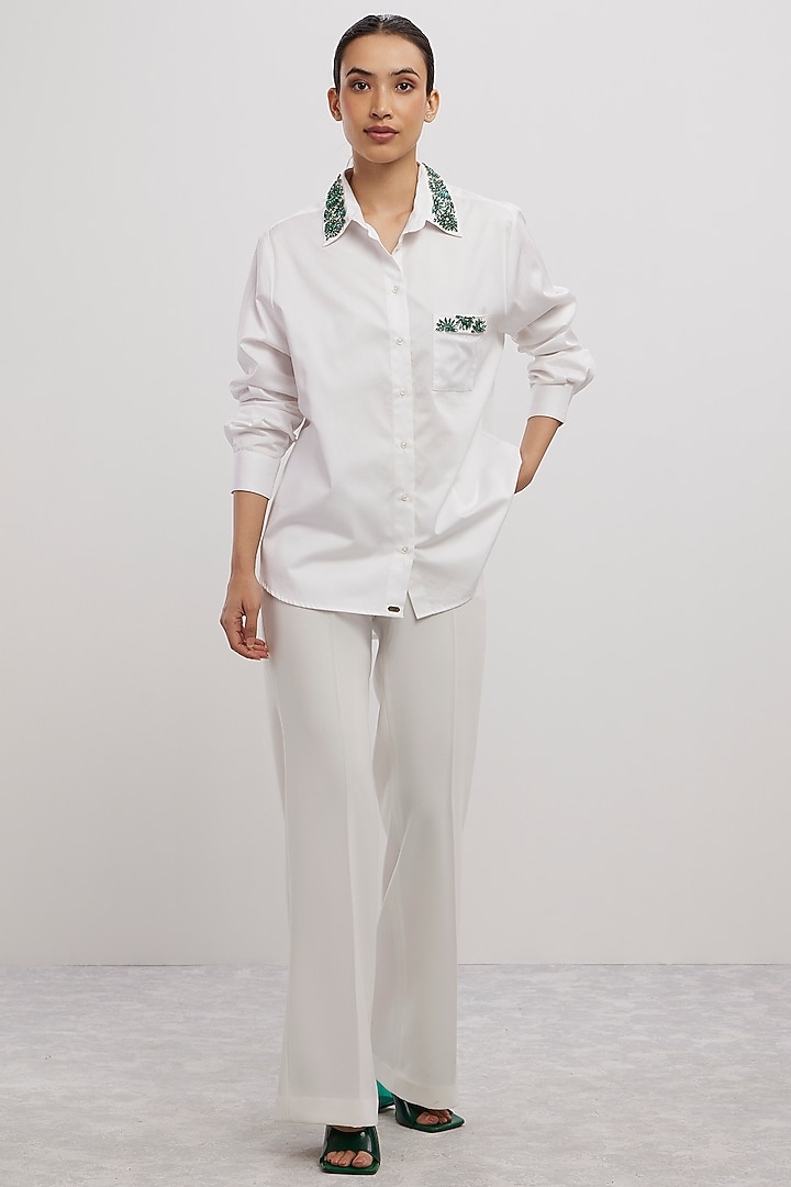 White Cotton Stone Embellished Shirt by Pallavi Swadi at Pernia's Pop Up Shop