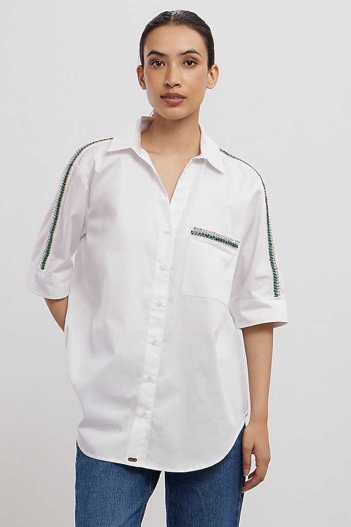 White Cotton Embellished Shirt by Pallavi Swadi at Pernia's Pop Up Shop