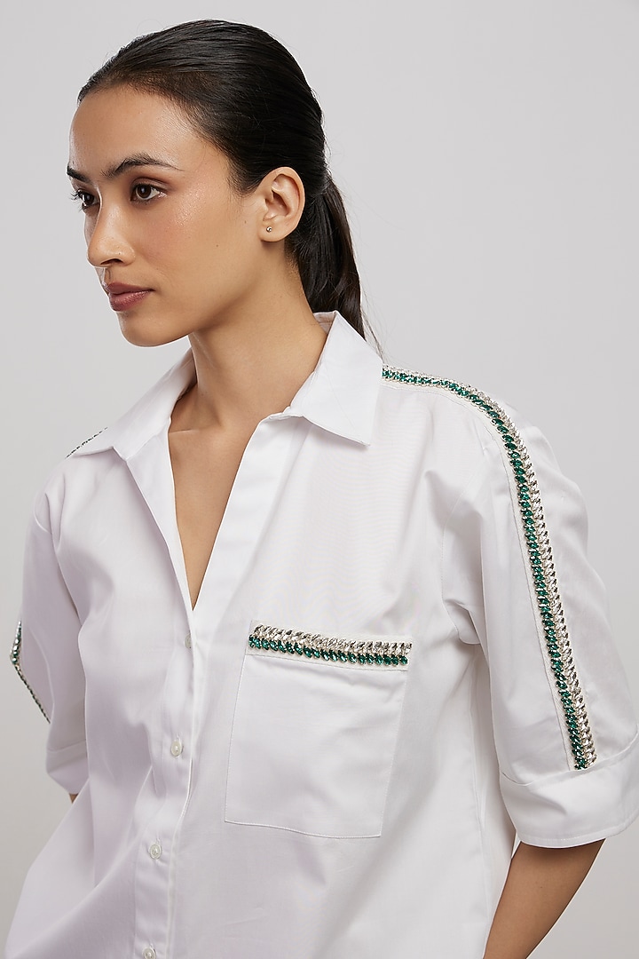 White Cotton Embellished Shirt by Pallavi Swadi at Pernia's Pop Up Shop