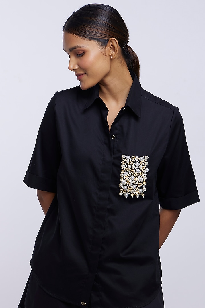 Black Cotton Satin Shirt by Pallavi Swadi at Pernia's Pop Up Shop