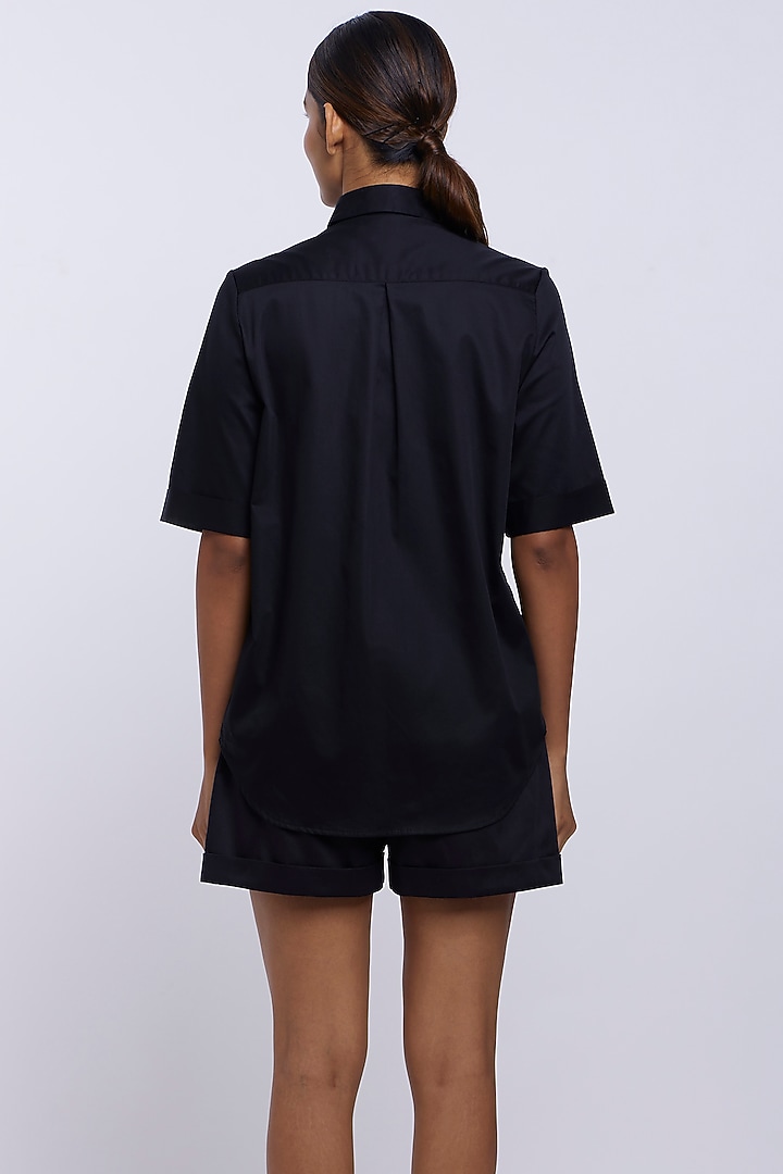 Black Cotton Satin Shirt by Pallavi Swadi at Pernia's Pop Up Shop