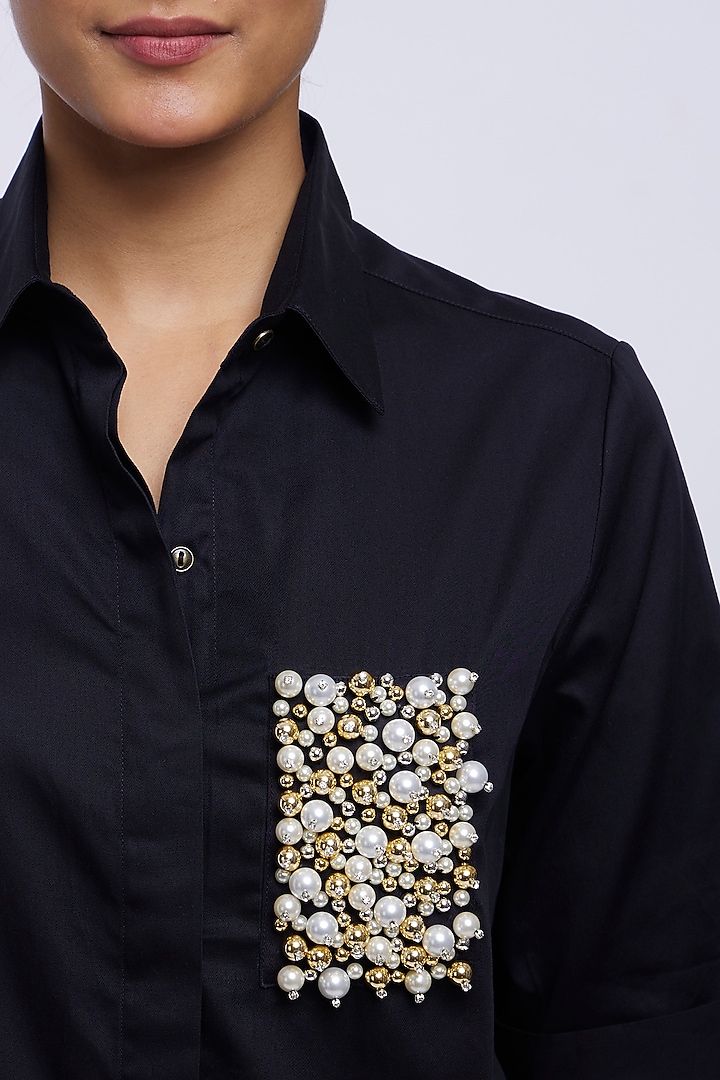 Black Cotton Satin Shirt by Pallavi Swadi at Pernia's Pop Up Shop