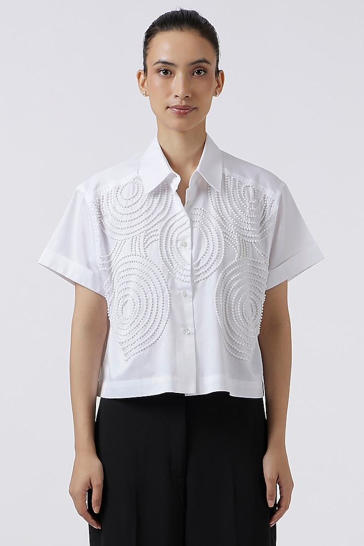 White Cotton Beadwork Shirt by Pallavi Swadi at Pernia's Pop Up Shop