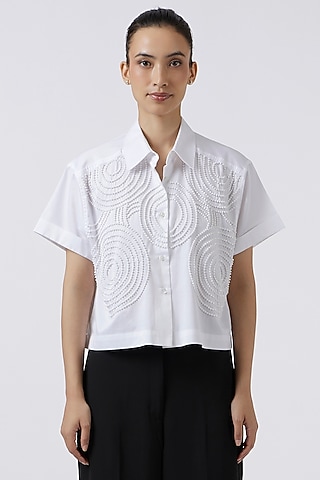 White Cotton Beadwork Shirt by Pallavi Swadi