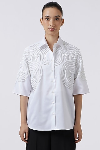 White Cotton Hand Embroidered Shirt by Pallavi Swadi