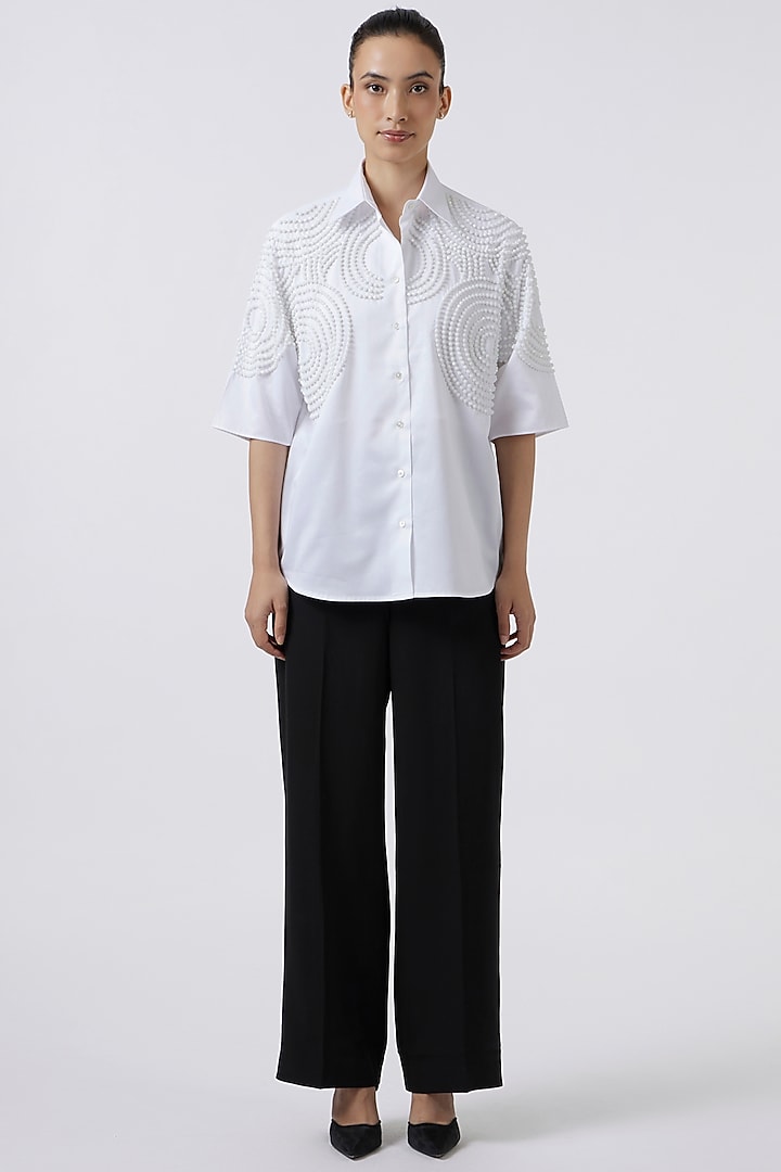 White Cotton Hand Embroidered Shirt by Pallavi Swadi at Pernia's Pop Up Shop