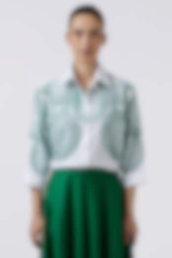 White & Emerald Green Pima Cotton Hand Embroidered Shirt by Pallavi Swadi at Pernia's Pop Up Shop