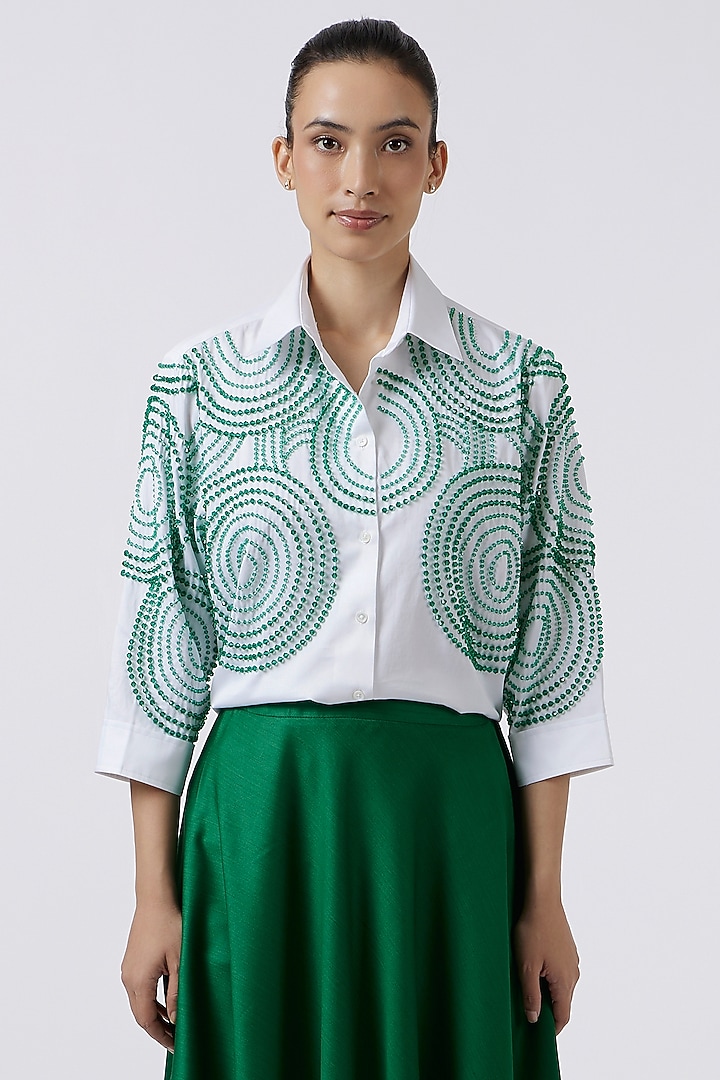 White & Emerald Green Pima Cotton Hand Embroidered Shirt by Pallavi Swadi at Pernia's Pop Up Shop