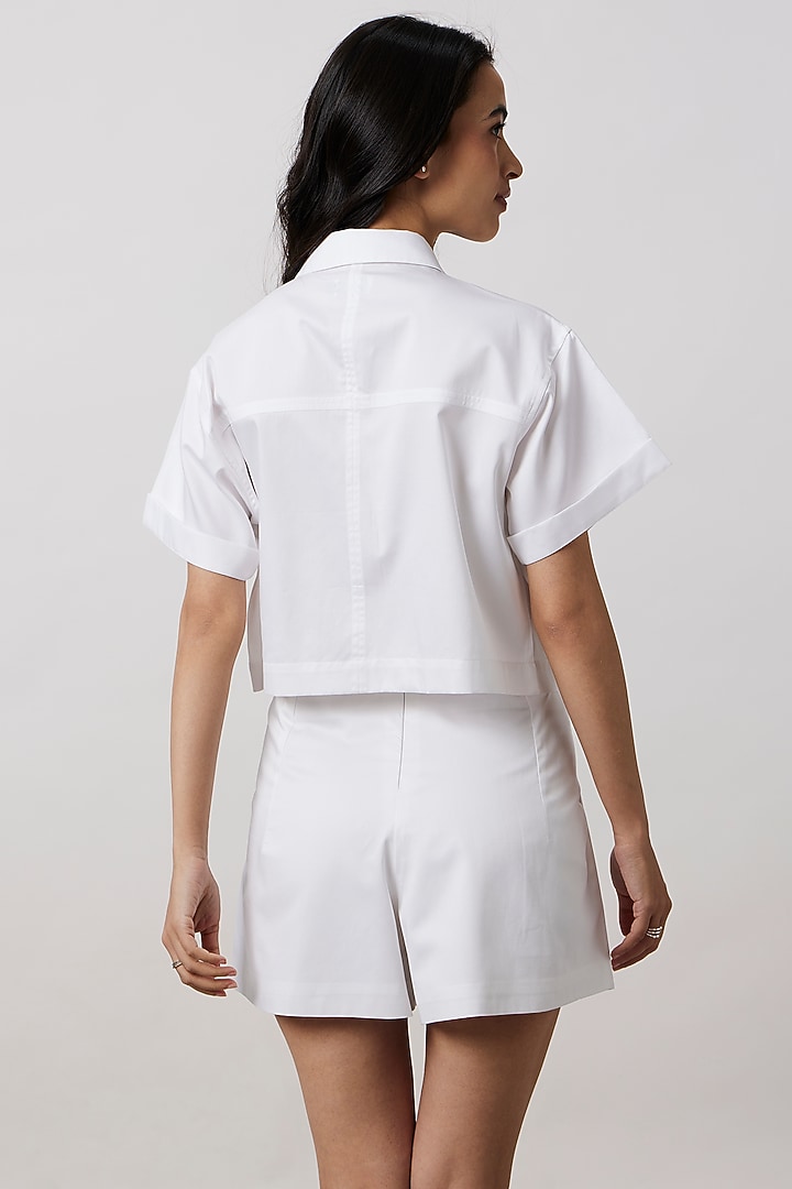 White Pima Cotton Crystal Stone Embroidered Shirt by Pallavi Swadi at Pernia's Pop Up Shop