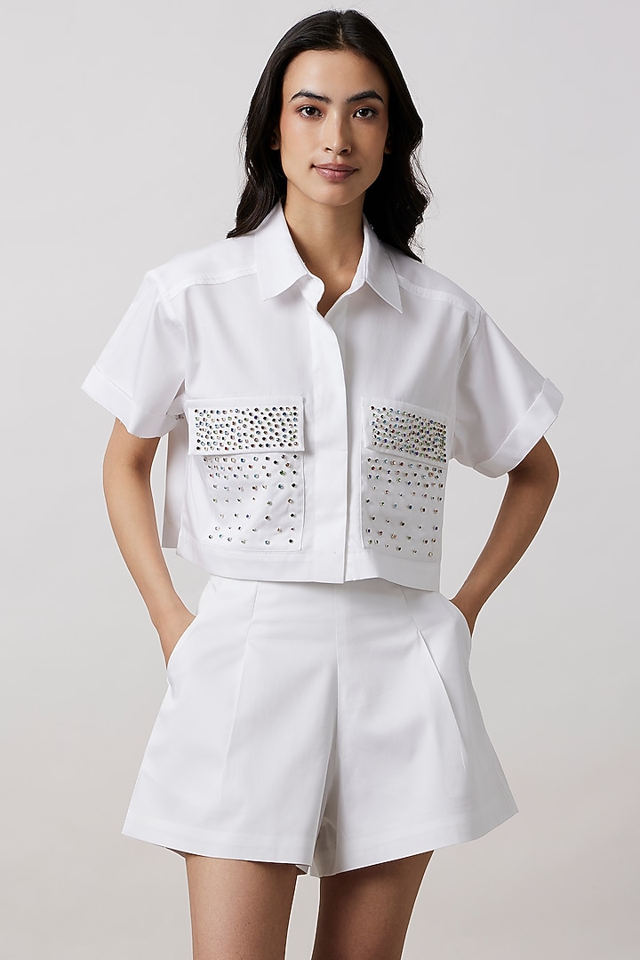 White Pima Cotton Crystal Stone Embroidered Shirt by Pallavi Swadi at Pernia's Pop Up Shop