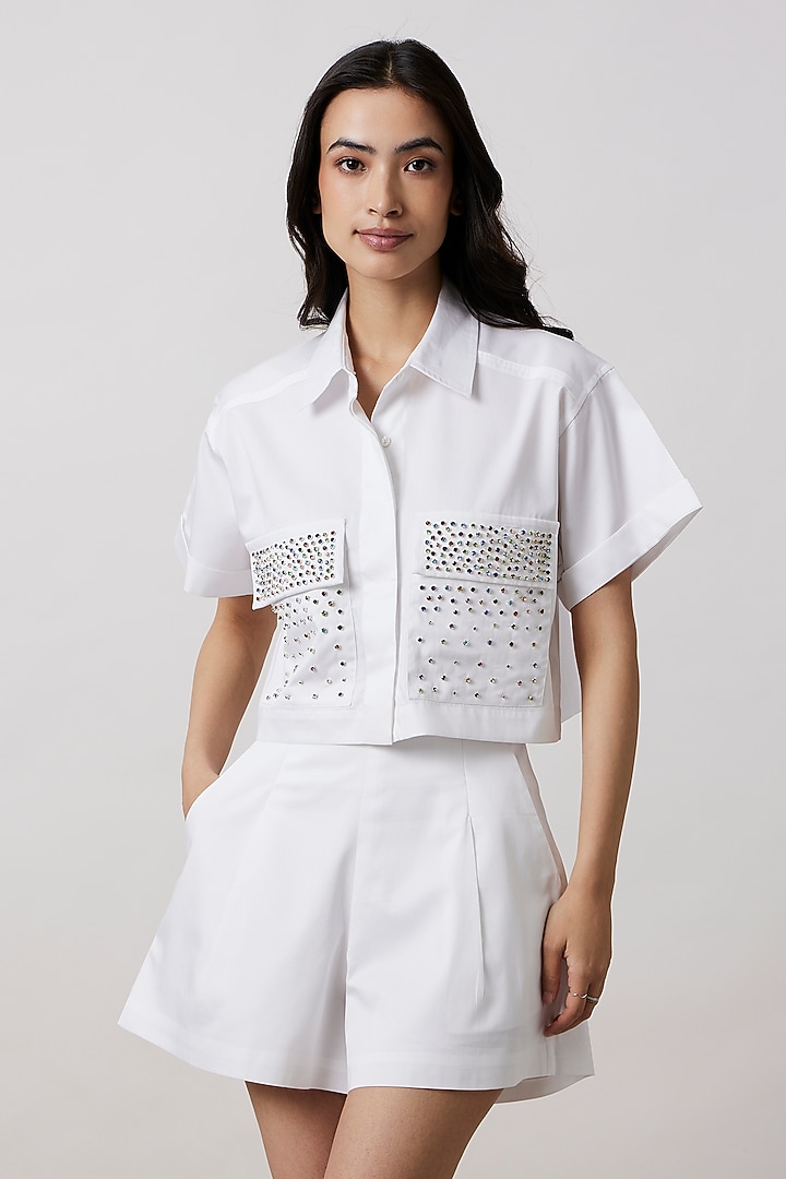 White Pima Cotton Crystal Stone Embroidered Shirt by Pallavi Swadi at Pernia's Pop Up Shop