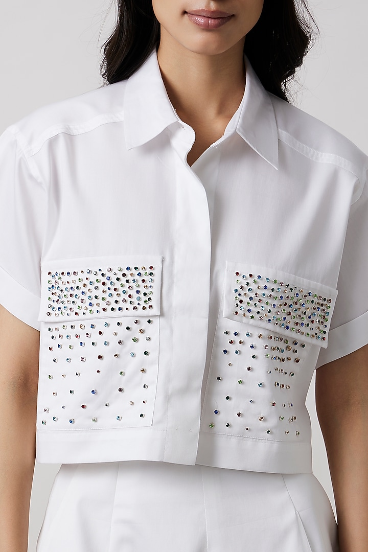 White Pima Cotton Crystal Stone Embroidered Shirt by Pallavi Swadi at Pernia's Pop Up Shop