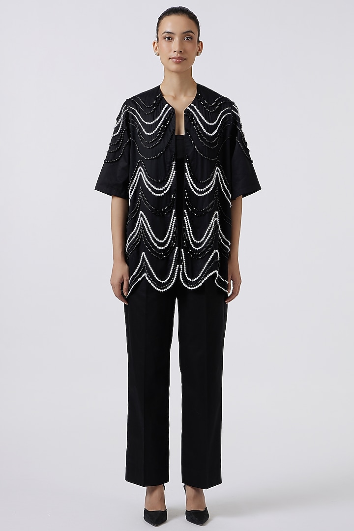 Black Pima Cotton Hand-Applied Pearls Jacket by Pallavi Swadi at Pernia's Pop Up Shop