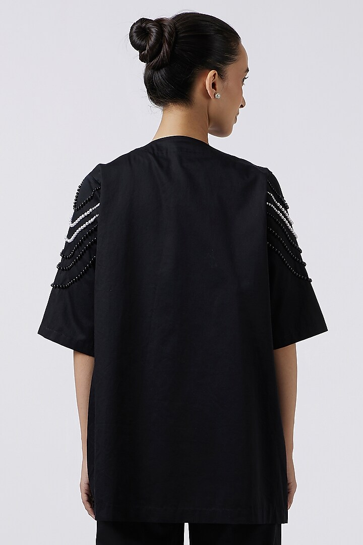 Black Pima Cotton Hand-Applied Pearls Jacket by Pallavi Swadi at Pernia's Pop Up Shop