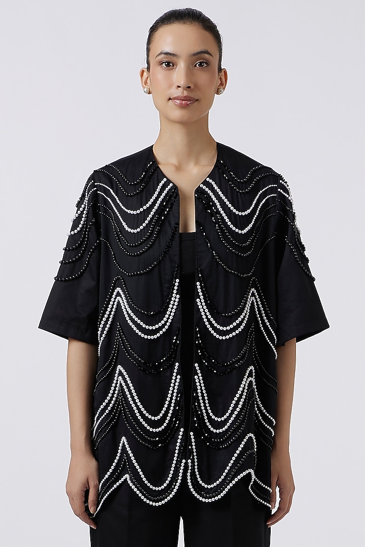 Black Pima Cotton Hand-Applied Pearls Jacket by Pallavi Swadi at Pernia's Pop Up Shop